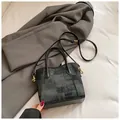 Gray denim plaid small crossbody bag with black leather straps and Nepeta logo - No Pendant / Black