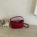 Dark red lychee pattern leather handbag with silver lock and crossbody strap - No Pendant / Red