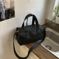 Black litchi grain Boston bag with dual handles and adjustable shoulder strap for women - No Pendant / Black