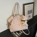 Retro light pink tote bag with bear charm and adjustable strap for women - Pink With Pendant