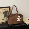 Brown vintage faux leather large capacity tote bag with bear charm and adjustable strap - Coffee With Charms