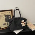 Retro black matte tote bag with large capacity and cute plush bear charm for daily use - Black With Pendant