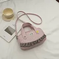 Pink square crossbody bag with lace edges and floral buttons in a stylish variant - Pink
