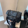 Quilted black chain crossbody bag with vintage crinkle texture and metal turn-lock - Black Large