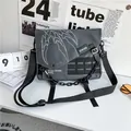 Dark grey nylon crossbody messenger bag with white graphic print and metal chain strap - With Chain / Gray