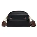 Classic black leather shell bag with brown canvas strap and gold metal hardware for women - Black