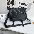 Black Japanese style tactical messenger bag with white graphic print and wide strap - Basic Style / Black