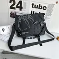 Japanese style black nylon messenger bag with white claw print and chain detail - With Chain / Black