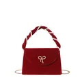 Elegante bolso de novia en terciopelo rojo con asa de perlas y detalle de lazo dorado - Estilo Lazo