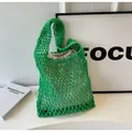 Detail of green woven tote bag showing the hollow mesh texture and canvas drawstring liner - Green