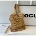 Handmade khaki woven mesh tote bag with cotton rope hollow design and inner pouch - Khaki