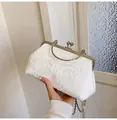 Elegant white lace evening clutch bag with floral embroidery and metal handle - White
