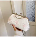 Elegant white lace floral evening clutch bag with pearl clasp and metal chain handle - Pink