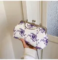 Elegant white lace chain bag with purple floral embroidery and gold metal frame - Purple