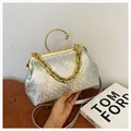 Iridescent silver geometric crossbody doctor bag with golden ring handle and chain strap - Silver