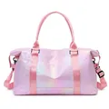 Pink holographic travel bag with glossy finish and detachable shoulder strap for gym - Pearlescent Pink