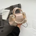 Rosa geraffte Wolkentasche mit Ringgriff, Marmorperlen und Perlenkette für Damen - Perlmutt-Rosa