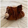 Minimalist drawstring bucket bag in dark brown with a cute plush cupcake charm - With Pendant / Brown