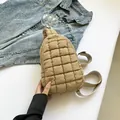 Khaki quilted nylon crossbody chest bag with adjustable strap and soft textured finish - Khaki