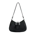 Sac sous le bras tendance en cuir noir grainé avec boucle argentée décorative - Noir