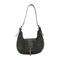 Borsa hobo a mezzaluna grigio scuro con logo dorato e dettagli di nappe frangiate - Nero