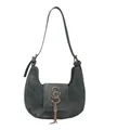 Élégant sac sous le bras en denim gris en forme de croissant avec un logo en métal. - Vert