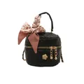 Mini black quilted bucket bag with chain strap, gold floral hardware, and silk scarf handle - Black Small