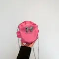 Petit sac rond plissé rose avec nœud argenté et bandoulière chaîne à billes - Rose