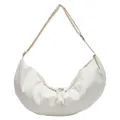 Minimalist beige pleated croissant shoulder bag with adjustable wide strap and nylon finish - White