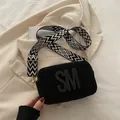 Black rectangle camera bag with relief SM letters and geometric pattern wide strap - Black