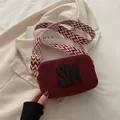 Burgundy camera bag with SM logo and geometric wide woven shoulder strap detail - Red