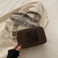 Brown frosted camera bag with SM logo and geometric wide woven shoulder strap - Brown
