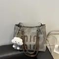 Grey vintage canvas tote bag with leather straps and plush cloud charm accessory - Without Ornament / Gray