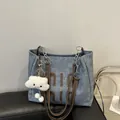 Blue denim tote bag with brown leather straps and plush cloud charm accessory - Without Ornament / Blue