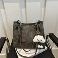 Dark grey faux leather tote bag with vintage texture and white cloud plush charm - Without Ornament / Black