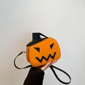 Funny Halloween pumpkin crossbody bag in orange leather with black wizard hat - Yellow