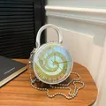 Sac rond holographique argenté avec motif horloge dorée et bandoulière chaîne - Argent Aurore