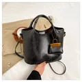 Retro black matte crossbody bucket bag with mini handbag charm and shoulder strap - Coffee