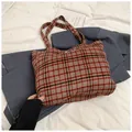 Retro plaid wool tote bag with blue and orange stripes for large capacity daily commute - Red Plaid