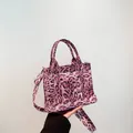 Pink leopard print crossbody tote bag with faux fur texture and matching strap - Pink