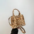 Leopard print crossbody mini tote bag with fuzzy texture and detachable strap - Orange