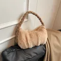 Elegant beige faux fur handbag with braided handle and soft pleated texture - Khaki