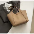 Brown leather tote bag with lychee texture and silk scarf handle decoration - Khaki