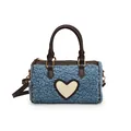 Blauwe pluchen Boston-tas met hartpatroon, bruine leren handvaten en een schouderriem - Blauw