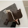 Petit sac bandoulière vintage marron en daim avec chaîne perle et bandoulière cuir - Café Grand