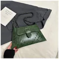 Retro dark green leather underarm bag with metal rivets, chain strap and square buckle - Green