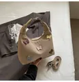 Beige canvas handbag with five colorful 3D butterfly patches and adjustable shoulder strap - Khaki