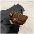 Vintage small square bag in dark brown oil wax leather with silver chain strap - Coffee