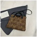 Leopard print tote bag with black leather handles and gold snap button closure - No Pendant / Brown
