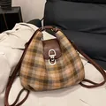 Brown plaid tweed backpack and crossbody bag with leather flap for women winter fashion - Brown